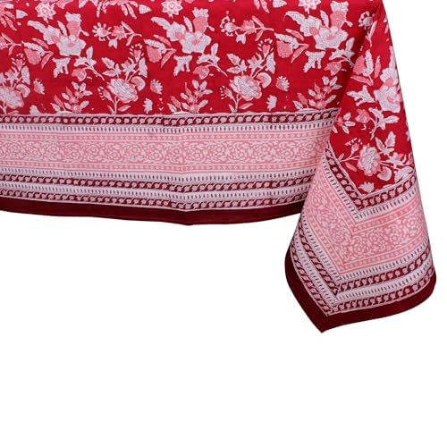 THE Unltd India Ruby Red 100% Cotton Square Tablecloth, Block Printed Dining Table Cloth, 59 x 59 Inches
