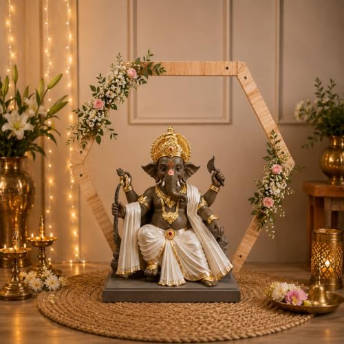 Image of SATYAM KRAFT 1 Piece Foldable Hexagon Shape Wooden Makhar Mandap | Wooden Pooja Backdrop Stand for DIY Pandal & Temple | Ganpati Decoration Setup for Ganesh Chaturthi & Idol Pooja Decor, Festival