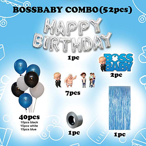 Image of Party Propz Boss Baby Theme Decorations Combo Set -52Pcs Happy Birthday Foil Balloon; Blue White BlackMetallic Balloons; Boss Baby Character; Foil Curtain Set for Boys Bday Decorations Items for Kids