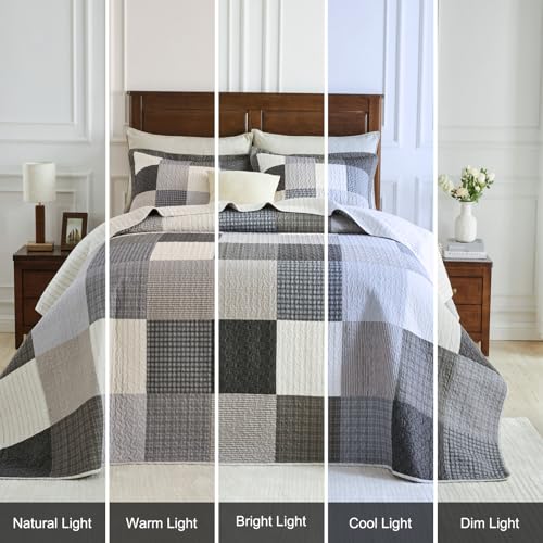 Bedduvit Oversized King Bedspreads 120"x120", 100% Cotton Modern Patchwork Plaid Extra Wide Quilts Bedding Set, Lightweight Quilt King Size, Farmhouse Coverlets Bed Spread, 3pcs, Gray/Beige/Black - image 8