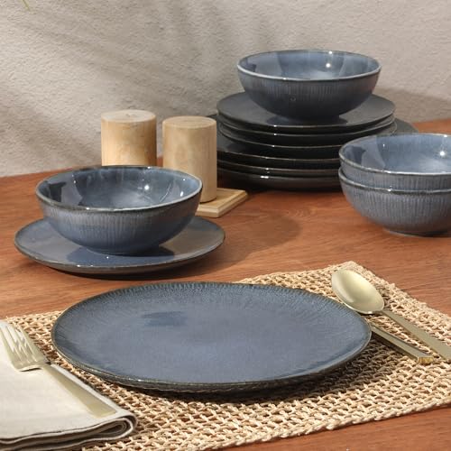 Image of Gibson Elite Sandy Pines Stoneware Plates and Bowls Set - 12 Piece Reactive Glaze Dinnerware Set - Service for 4 - Dishwasher and Microwave Safe - Blue
