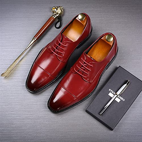 Dress Oxford Formal Shoes for Men Lace Up Cap Toe Black Burnished Toe PU Leather Anti-Slip Low Top Resistant Non Slip Block Heel Wedding(Red,10 M US)2