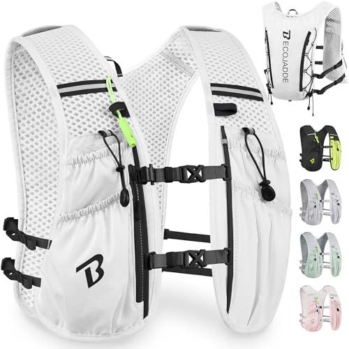 BECOJADDE Running Vest Hydration Backpack for Men Women, 5L Lightweight Running Backpack Hydration Pack for Marathon, Trail, Cycling, Hiking, Jogging White