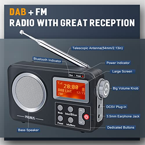 PRUNUS J409 FM UKW DAB Radio mit Bluetooth, DAB Plus Radio mit RDS