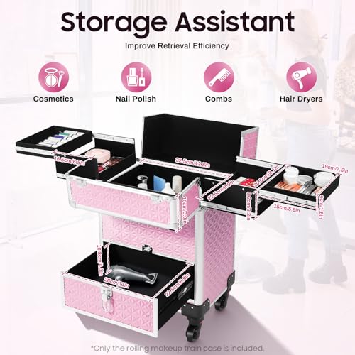 Makeup Rolling Case Aluminum Cosmetic Storage Train Case with 7 Compartments for Beauty, Artist Nail, Salon, 360° Swivel Wheels, Pink