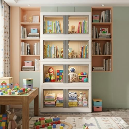 Image of DecoLogy Plastic Multipurpose Bookshelf Organiser Rack for Living Room, Kitchen, Bedroom, Office (Cupboard 2 Door : White, 4PCS)