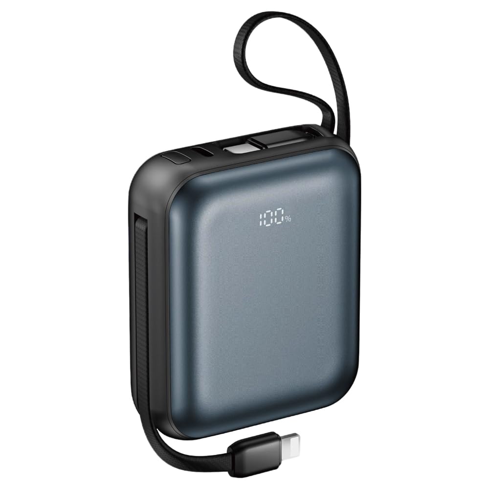 Batería Externa 12000mAh con Cables Integrados， Sin Necesidad de Cable， Carga Rápida PD 22.5W， 3 Dispositivos a la Vez， Compacta con Pantalla Digital（Gris）