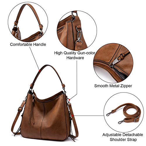 Realer Dames handtassen grote shopper lederen handtas schoudertas portemonnee hobo dames tassen set voor kantoor school winkelen reizen 3 stuks Leder, Bruin-pistool kleur ritssluiting - Image 4