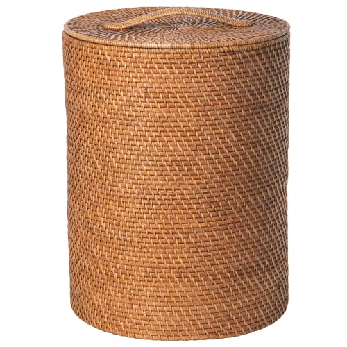 KOUBOO Round Small Rattan Laundry Hamper with Removable Liner and Lid - Coastal, Natural Decor Style - Small Size for Apartment Living - Honey-Brown