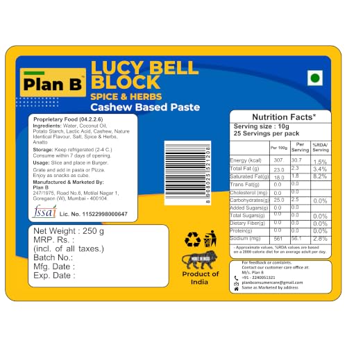 Image of Plan B Plant Based Lucy Bell Cheese - 250g | Spice & Herb Flavored | Plant-Based Cheese Block | Dairy-Free, Lactose-Free, -Friendly | Ideal for Sandwiches, Pasta, and Snacks