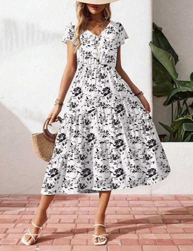 Image of Zeagoo Women's Summer Casual Dress Flutter Short Sleeve V Neck Button Down Tiered Flowy Long Dress with Pockets