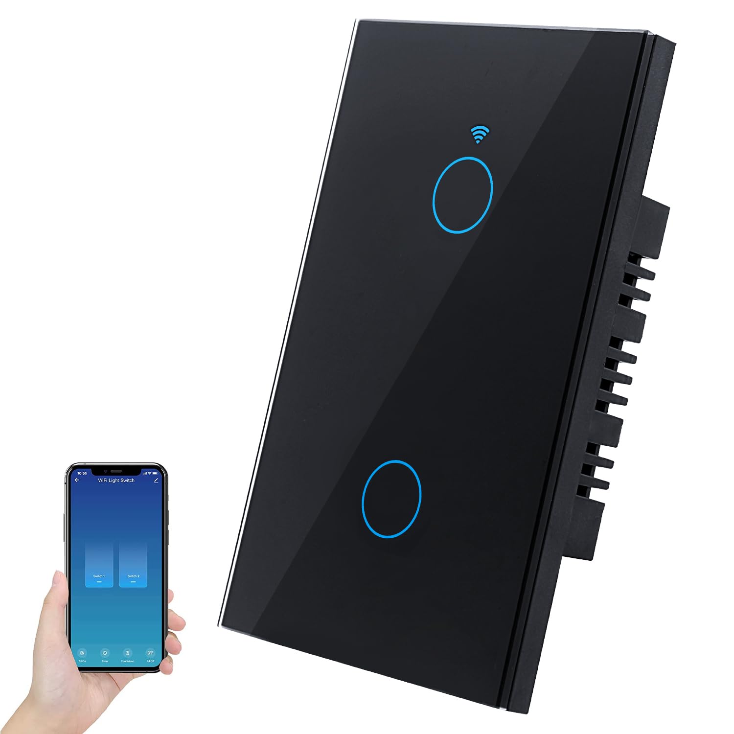 Smart Light Switch, Neutral Wire Required Tempered Glass Panel US Standard Light Switch, RF433 Remote Control Smart Life/Tuya App, Touch Switch Single Pole Work with Alexa, Googl Home Black 2 Gang