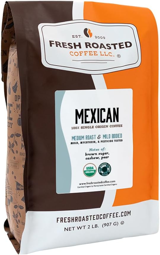 Fresh Roasted Coffee, Organic Mexican Whole Bean Coffee, Medium Roast, USDA Organic, 3rd Party Tested for Mold, Mycotoxin & Pesticides, Kosher, 2 lb (32 oz)