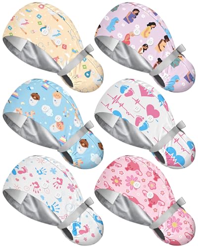 Image of 6 Pc Satin Lined Scrub Caps Women with Buttons Ponytail