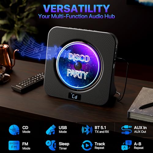 Image of ROADOM Bluetooth 5.1 CD Player for Home with Speakers, Remote Control, FM Radio, USB, AUX, Sleep Timer & Dust Cover, Desktop CD Player for Bedroom