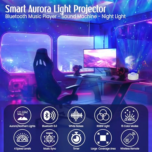 Northern Lights Aurora Sensory Light Star Projector Galaxy Projector with White Noise Machine, Bluetooth, Remote, Timer, Led Lights for Bedroom Decor Bedside Lamp Bedroom Accessories Women/Girls Gifts - Image 4