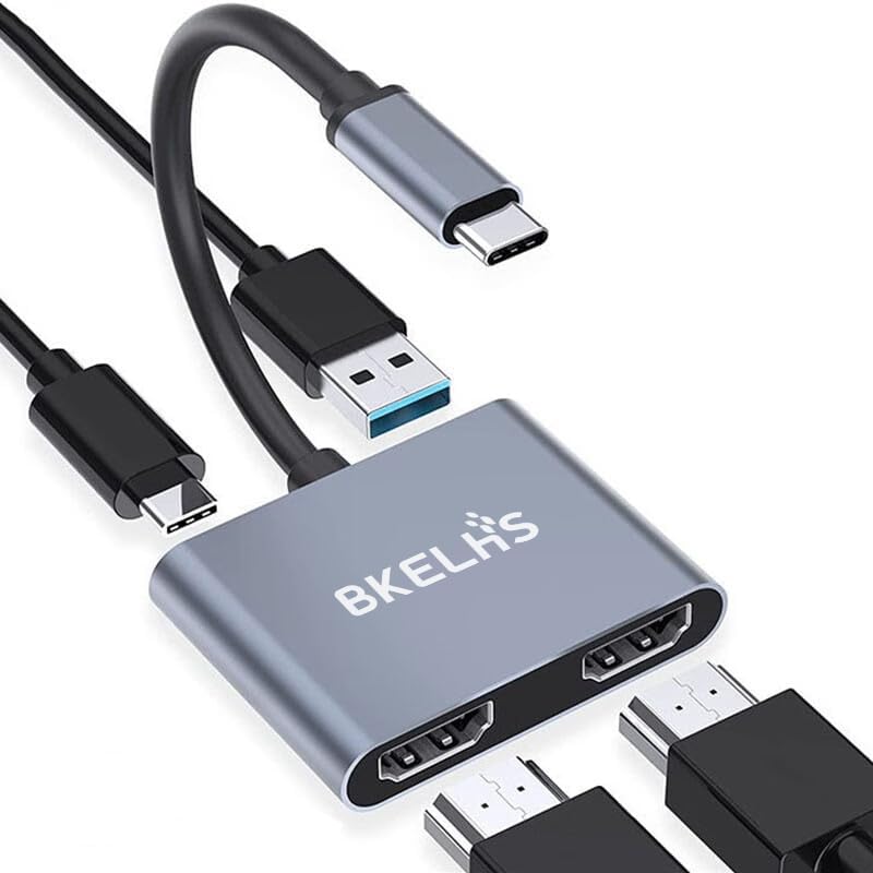 Image of USB C to Dual HDMI Adapter 4K 60hz, Type C to HDMI Splitter for 2 Monitors, 4 in 1 USB C Hub 2HDMI, USB 3.0, 100W PD, Extended Display for MacBook Air /Pro Thunderbolt 4, Multiport Two Screen Dongle