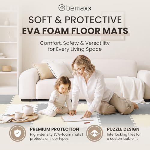 Image of bemaxx Gym Mats Set - 18 pcs EVA Interlocking Foam Floor Tiles (12.6 inchx12.6 inchx0.4 inch) 18sqft Protective Gym Flooring Sports Home Workout Exercise Mats Puzzle Garage Fitness Play-Room Pool Treadmill Bike