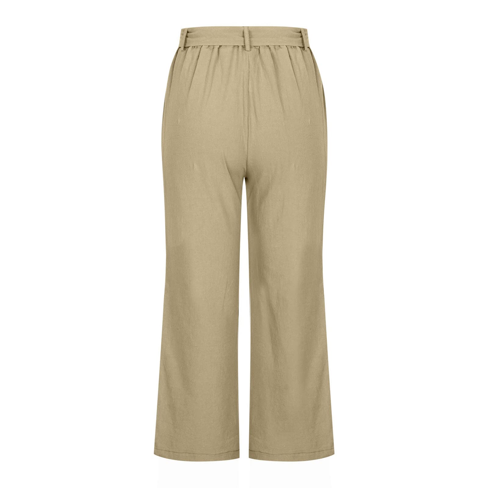 Cotton Linen Capri Pants for Women Summer Casual Loose Fit Wide Leg Capris Elastic Waist Drawstring Beach Trousers Khaki