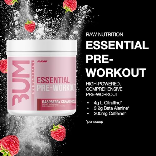 Image of RAW Essential Pre-Workout Powder (Rasberry Creamthickle) - Chris Bumstead Sports Supplement for Men & Women - Preworkout Energy Powder with Caffeine, L-Citrulline, L-Tyrosine, & Beta Alanine Blend