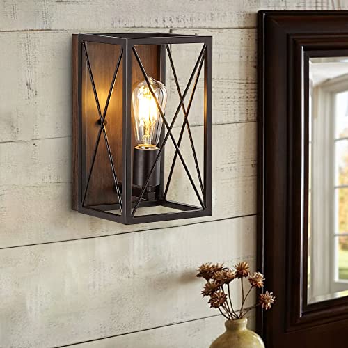 Image of JONATHAN Y 6 inch Oil Rubbed Bronze /Wood Finish 1-Light Iron Sconce, Farmhouse Rustic X-Frame Wall Lantern for Bathroom Hallway Entryway, Modern Industrial Lamp, LED Bulb Included JYL1310A