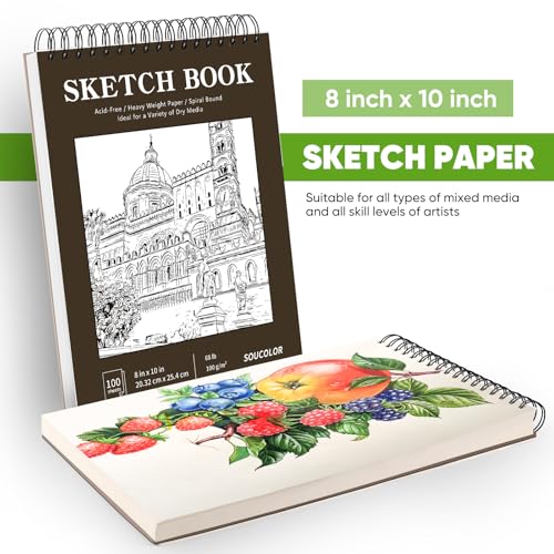 Image of Soucolor 8x10 Sketch Book, 100 Sheets, 68lb Acid-Free Spiral Bound Pad | 68lb acid-free paper, no bleed-through, lay-flat spiral binding - perfect for kids, students & artists. Portable 8x10 size
