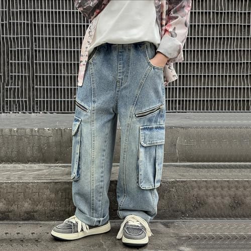 Baggy Cargo Jeans for Kids Boys Elastic Waist Flap Pocket Casual Wide Leg Pull On Denim Pants 4-13 Years 6