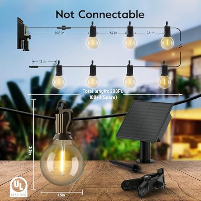 Minetom Solar Outdoor Lights - 208 FT Solar String Lights with 100 G40 Shatterproof Globe Bulbs Commercial Waterproof LED Bulbs for Outside Backyard Garden Decor