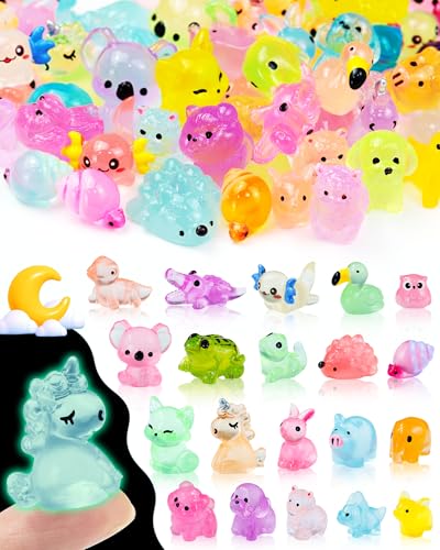 FIVEIZERO 100PCS Luminous Mini Resin Animals Bulk - 20 Styles Multiple Colors per Style Glow in The Dark Plastic Tiny Land Animal Figures for Dollhouse, Fairy Garden, Aquarium & DIY Craft Decor