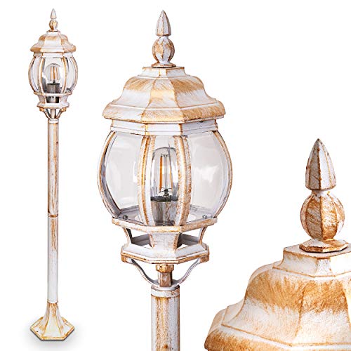 Lampada da esterno Lentua, luce di percorso in stile antico, fusione di alluminio in bianco/oro, lampada da terra 120 cm, lampada da giardino retrò/vintage, attacco E27, IP44, senza lampadina/e