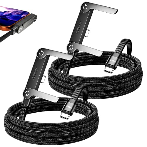 2 en 1 Cable de Carga con Soporte Invisible – USB C Carga Rápida 240 W – 1,5 m – Pack de 2 Cables Trenzado Alta Velocidad para Smartphones, Tablets y Laptops – Soporte Plegable Integrado para Oficina