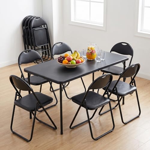 EGGREE 6er-Set Klappstuhl Schwarz Weicher PVC-Sitzmit Metallrahmen und Griffdesign, Tragbarer Campingstuhl mit 120 kg Tragfähigkei Ideal für Camping, Garten, Büro, Entspannung