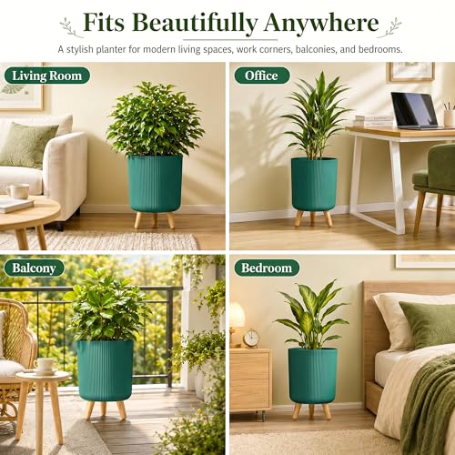Image of Eightiz Store Modern Green Flower Pot with Plastic Legs | Indoor Outdoor Planter for Home Garden Balcony Decor Ribbed Design Sturdy Plastic Mid-Century Style (Green, Pack of 2)
