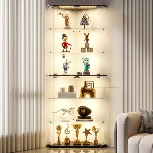 HNEBC Corner Glass Display Cabinet with LED Lighted for Collectible, White - image 9