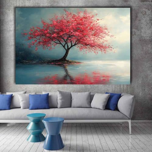 Impression sur Toile Reflet Lac et Fleurs Rouges Design Premium