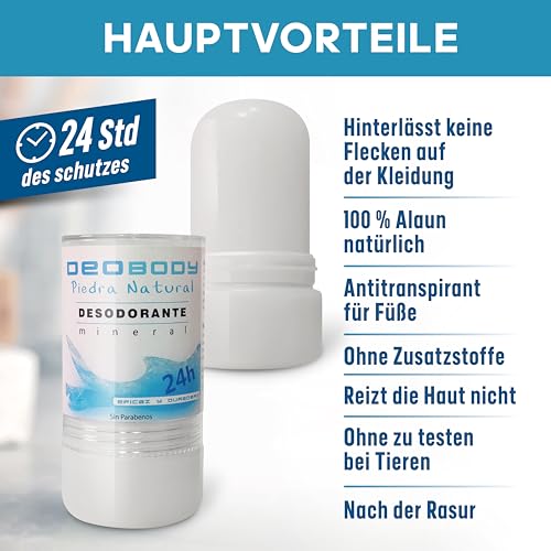 Natürliches Alaun Deodorant in Stein für Unisex - Anti-Achsel- und Fußschweiß, aluminum- und parabenfrei, 2x 120 g - 100