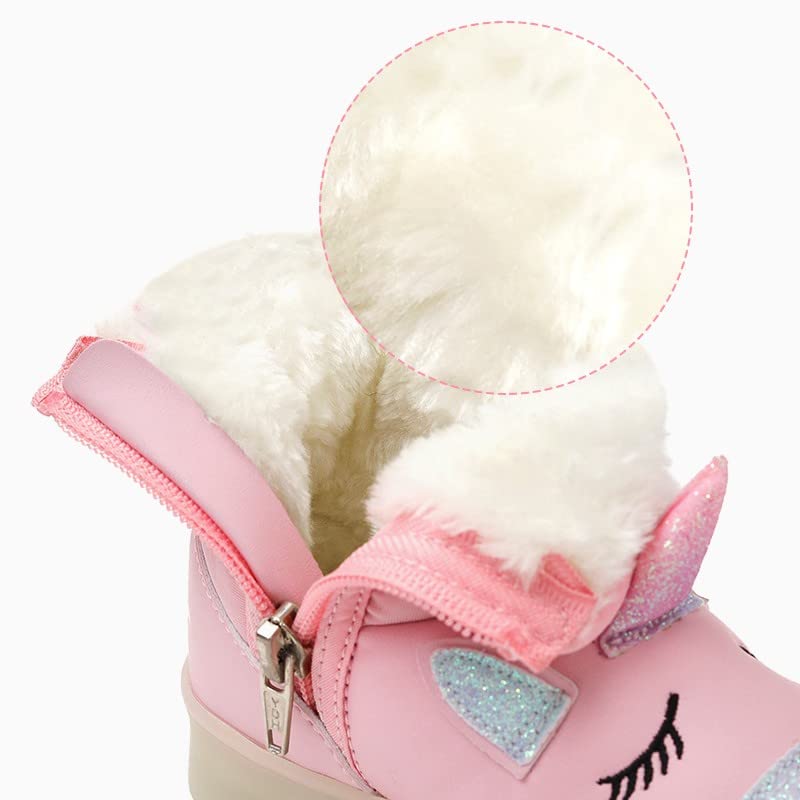 Ozkiz Toddler Girls Winter Warm Fur Lined Waterproof Snow LED Ankle Boots Unicorn Pink4