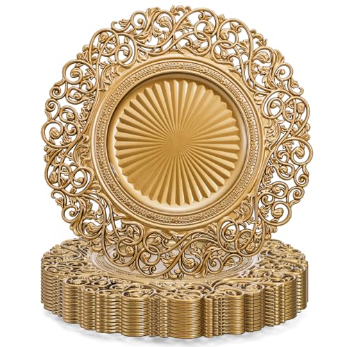 Foraineam Gold Charger Plates Set of 12, 13' Round Plastic Dinner Chargers, Decorative Hollowed Out Flowers Serving Plates for Table Setting, Catering, Wedding, Party, Event