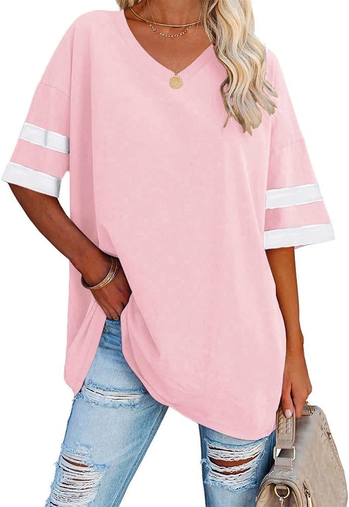 Ebifin Damen Oversize T Shirt mit V-Ausschnitt Kurzärmeliges Casual Lockere Basic Sommer Tee Shirts Bluse.