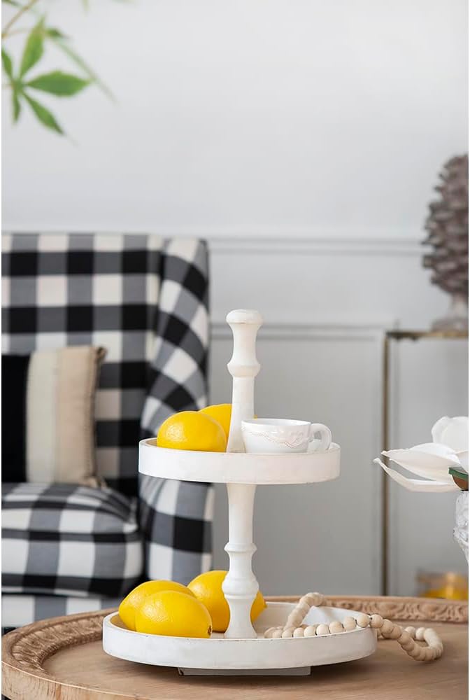 Kaimei Two-Tiered Farmhouse Tray | White Decorative Serving Tray for Canapes, Cakes, Fruit & Antique Display | Rustic Wooden Serving Stand
