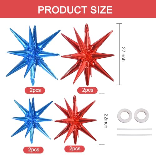 Image of TONIFUL 8 Pcs Star Balloons Blue Red Foil Explosion Balloon Party Decor | 2 Size Mylar Star Balloon for Hero Themed Kids Birthday Graduation Nautical Themed Baby Shower Patriotic Party Decorations