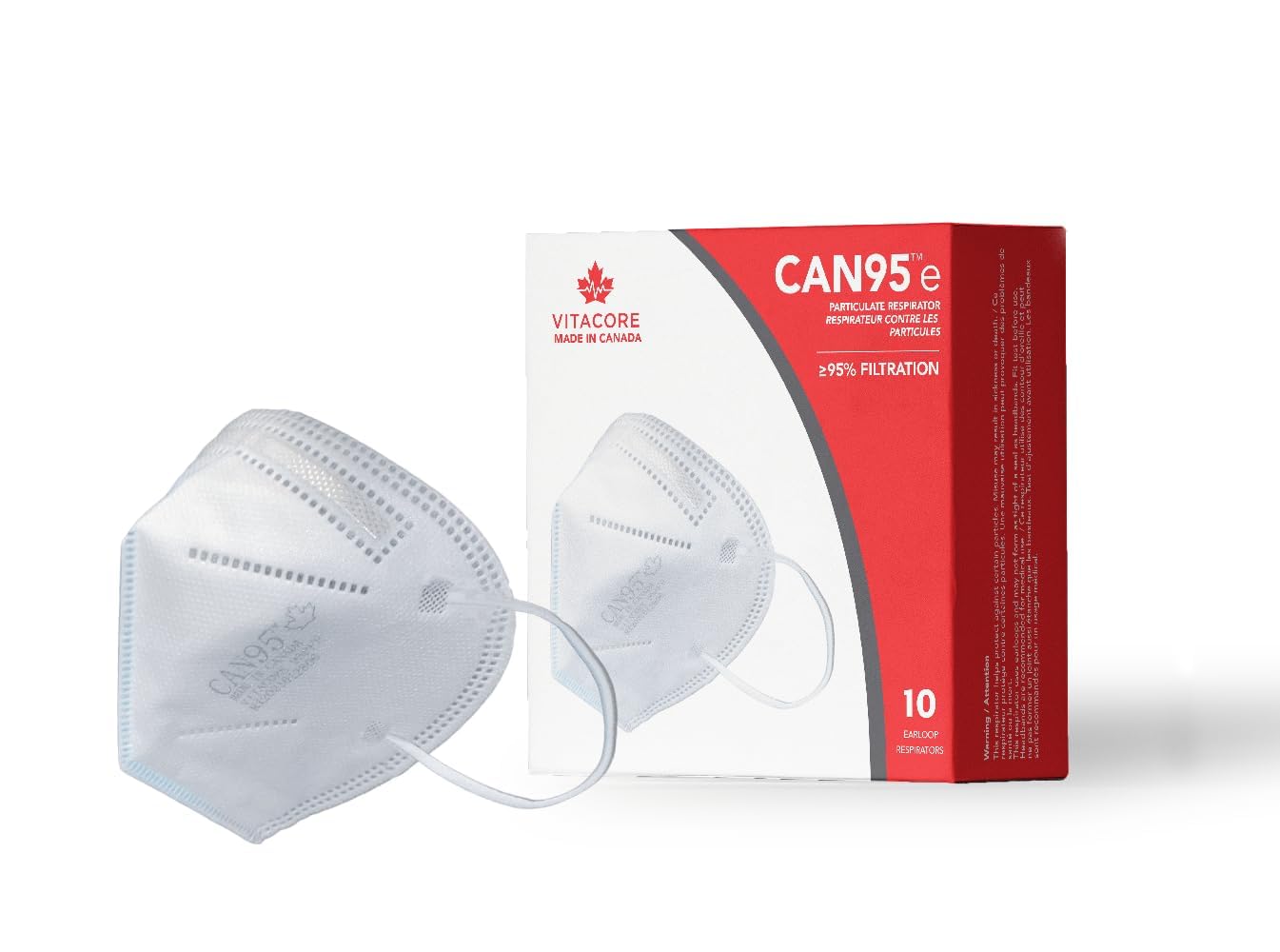 Vitacore CAN95e Disposable White Earloop Mask | 5-Ply Protection | Premium Materials | Comfortable | Made in Canada case