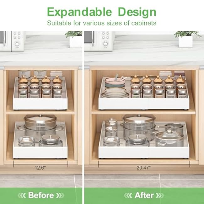 Expandable Pull-Out Cabinet Organizer - White, 21 D x Adjustable Width 12.6-20.47, No Drill Adhesive Installation with 3-Slide Rails for Kitchen Storage (2 Pack)
