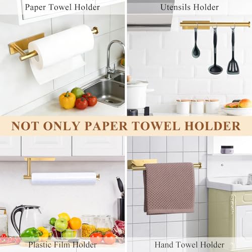 Image of Gold Paper Towel Holder Under Cabinet, Self Adhesive Paper Towel Roll Holder Stick on Wall, Stainless Steel Towel Paper Holder for Kitchen Bathroom