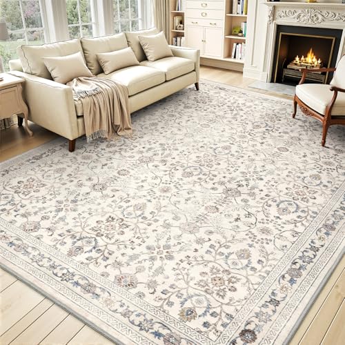 Image of MontVoo-Vintage Area Rug 8X10 Beige for Living Room - Soft Distressed Printed Carpet for Bedroom - Non Slip, Machine Washable for Dining Room, Bedside, Office