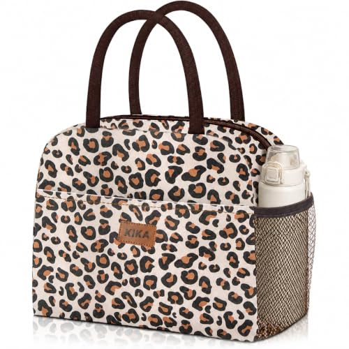 Image of KIKA Insulated Tiffin Bag for Office Women & Girls, Leopard Print Lunch Food Carrier, Hot & Cold, Bottle & Front Pockets