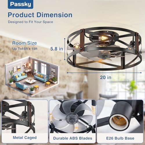Image of Passky 20 inch Farmhouse Flush Mount Ceiling Fans with Lights and Remote, Industrial Black Caged Low Profile Fandelier, 6 Speeds Bladeless Ceiling Fan for Bedroom, Kitchen, Living Room