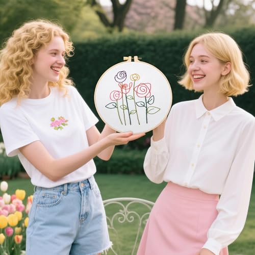 Image of Easy Flower Embroidery Kits for Beginners Adults, Minimalism Embroidery Starter Kits, Counted Cross Stitch Kits for Beginners Adults Hobbies Set for Women, Embroidery Hoops, Thread and Video Tutorial