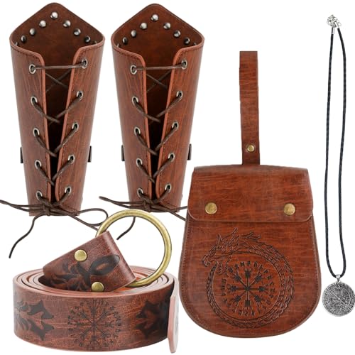 Renaissance Accessories Viking Set—4pcs Faux Leather Belt, Bracers, Pouch & Necklace Perfect for Renaissance Costume Men & Women Medieval Theme Halloween Renaissance Cosplay