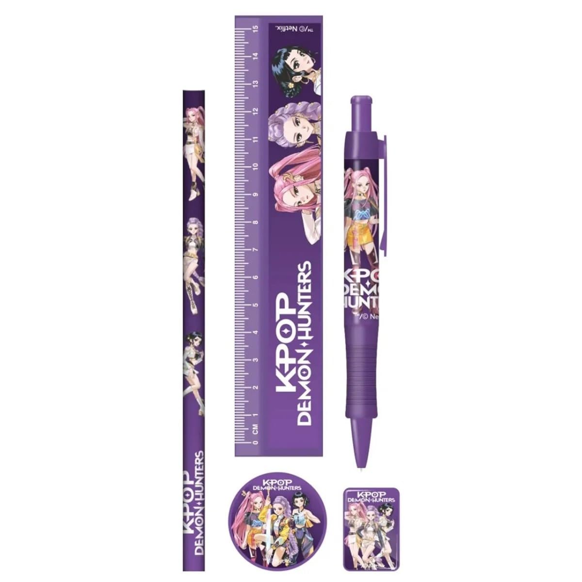 K Pop Demon Hunters 5 Piece Stationery Set, Official Licensed K Pop Themed School Supplies, Writing Accessories Kit for School, Study, Journaling, Desk Organisation, Fan Gift